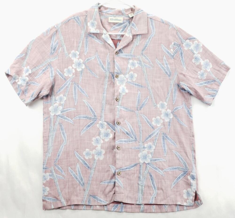 Caribbean Shirt Men Medium Red White Hawaiian Inside-Out Classic Button-Up